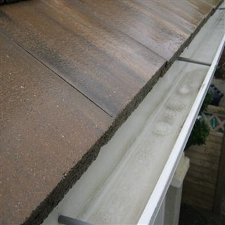 Rain gutter and roof edge during debris-cleaning work